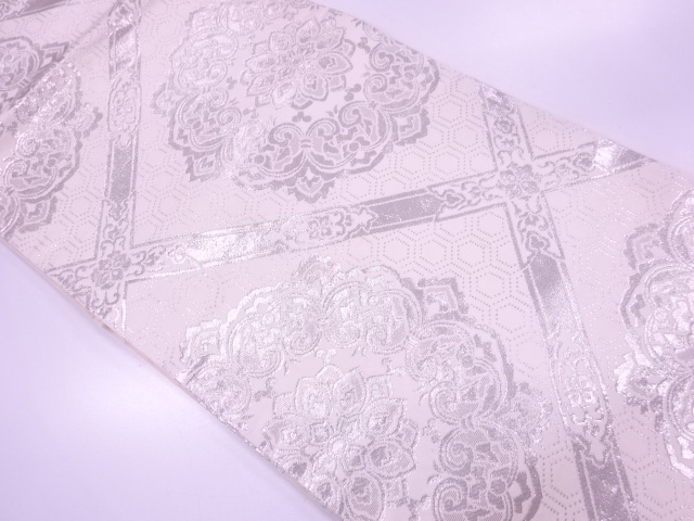 アンティーク　プラチナ箔錦格天井に華紋模様織出し袋帯（材料）